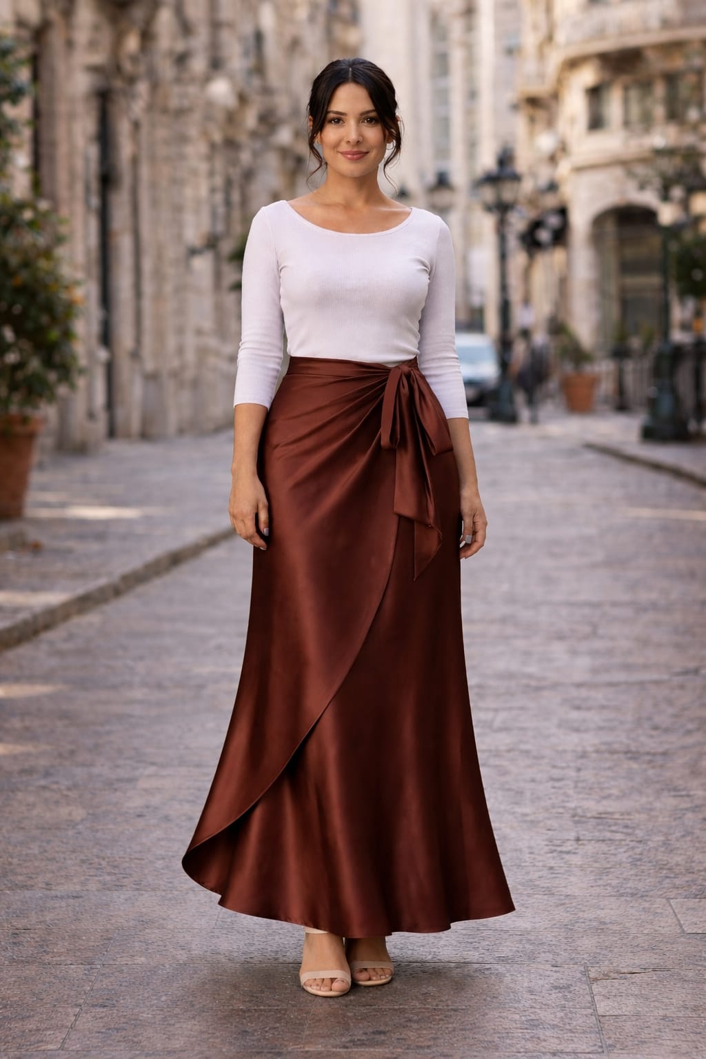 Brown Satin Wrap Skirt - جيبة لف ساتان بني