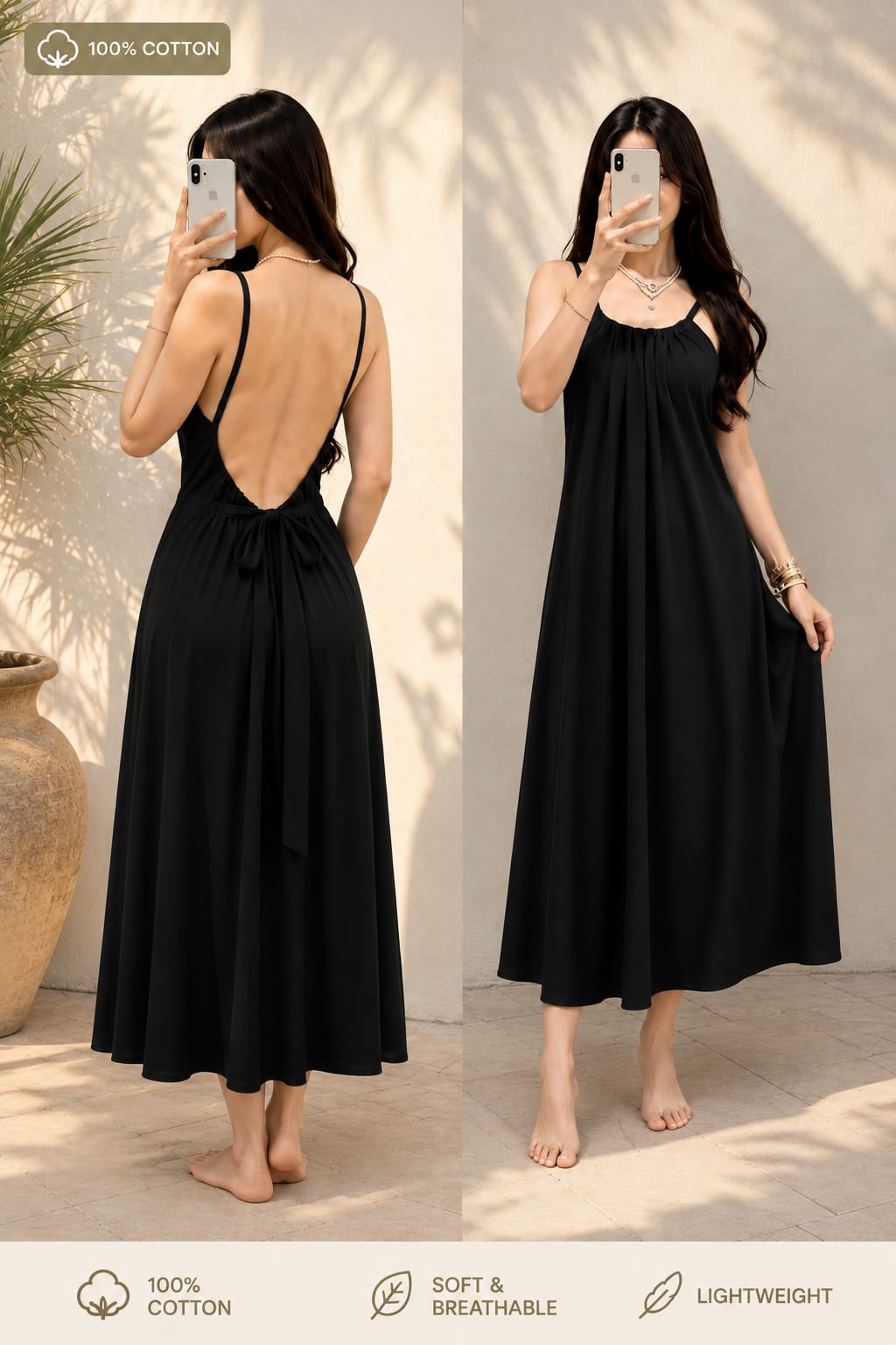 Kewii 100% Cotton Long Backless Dress (Black) 125cm