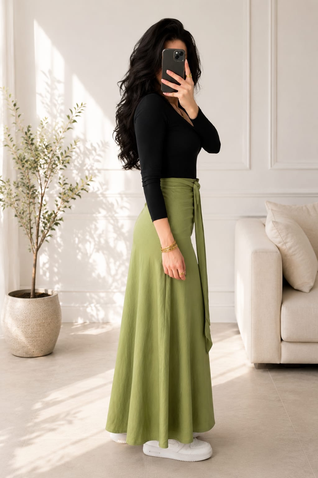 Olive Linen Wrap Skirt - جيبة لف كتان زيتى