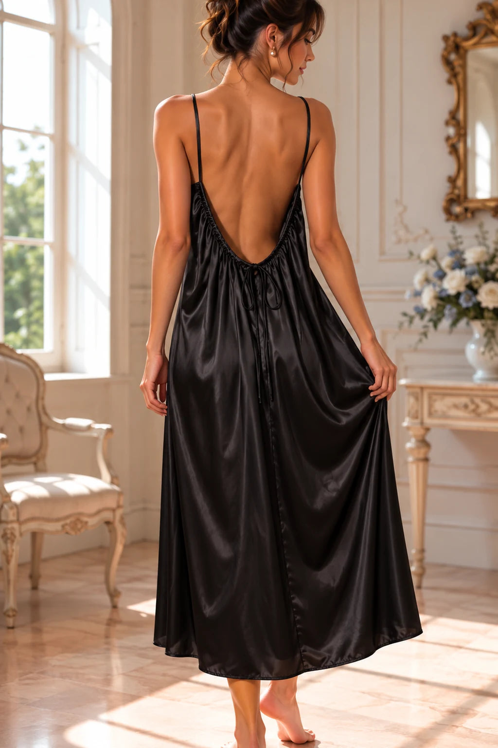 Kewii Turkish satin maxi backless dress in black, 125 cm - back view