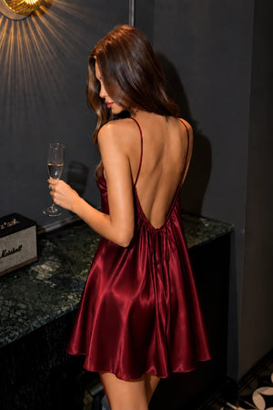 Kewii Turkish satin short backless dress in burgundy, 85 cm - back view
