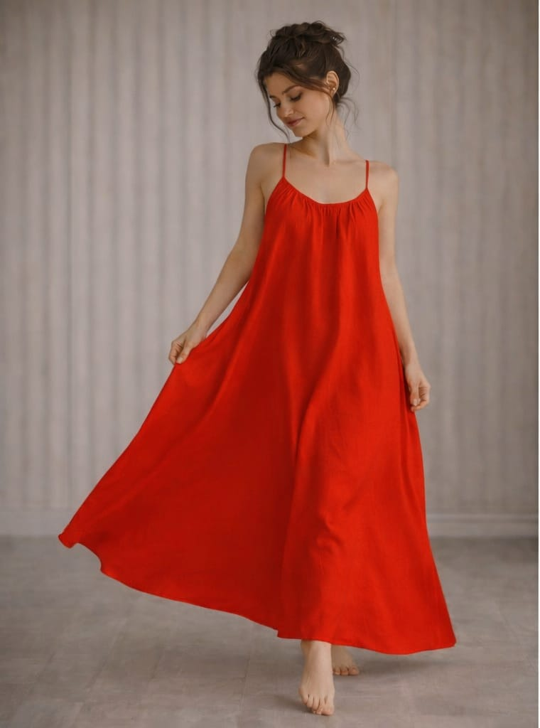 Woman wearing a red slip dress in two different settings.