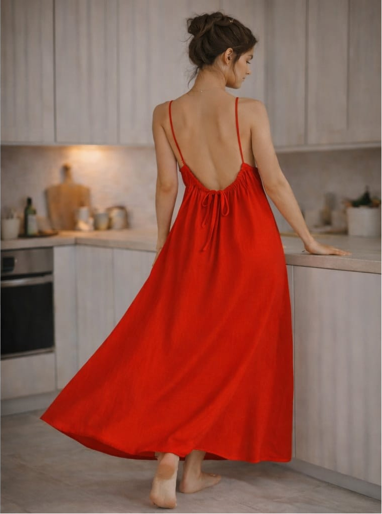 Woman wearing a red slip dress in two different settings.