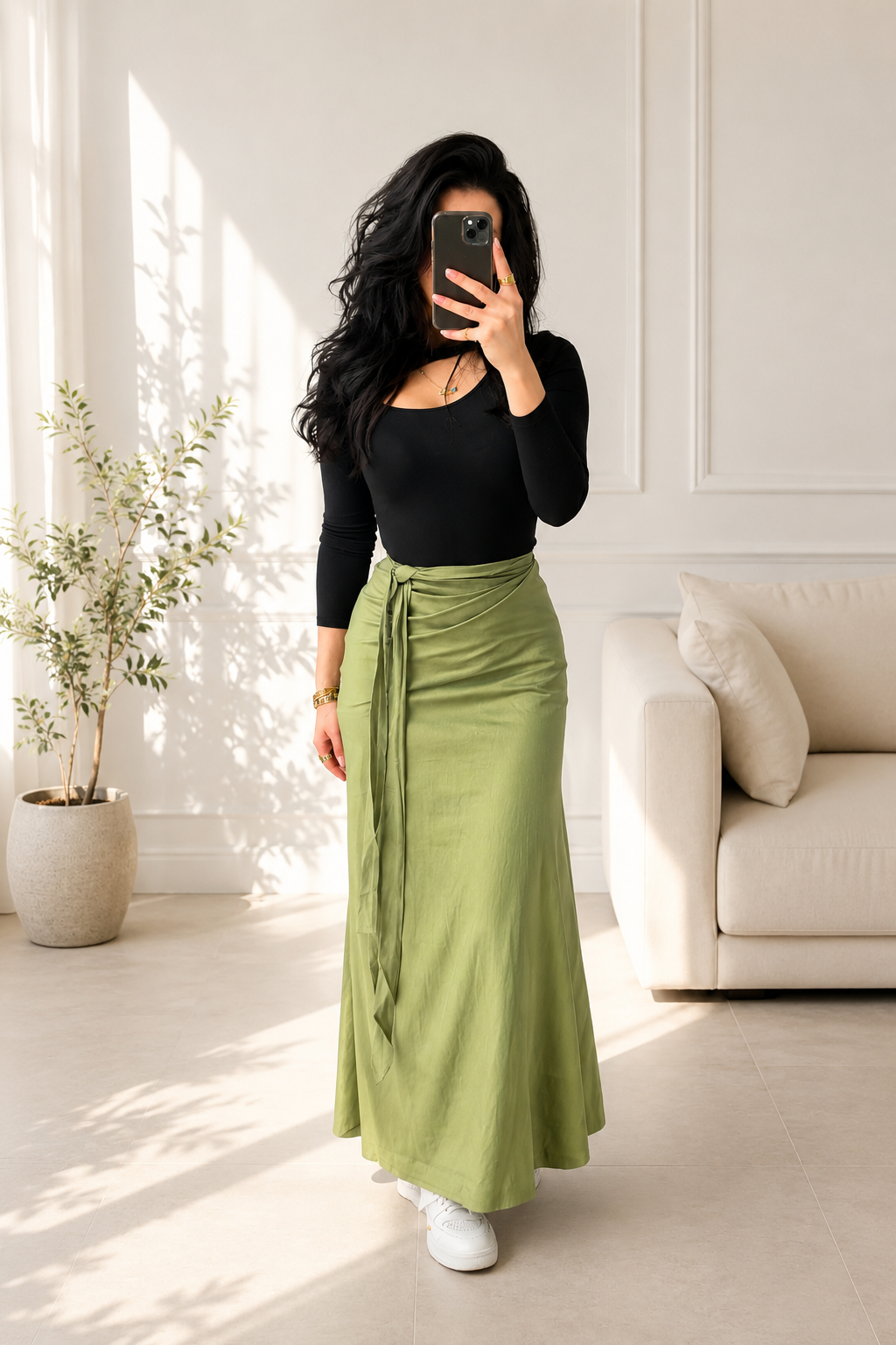 Olive Linen Wrap Skirt - جيبة لف كتان زيتى