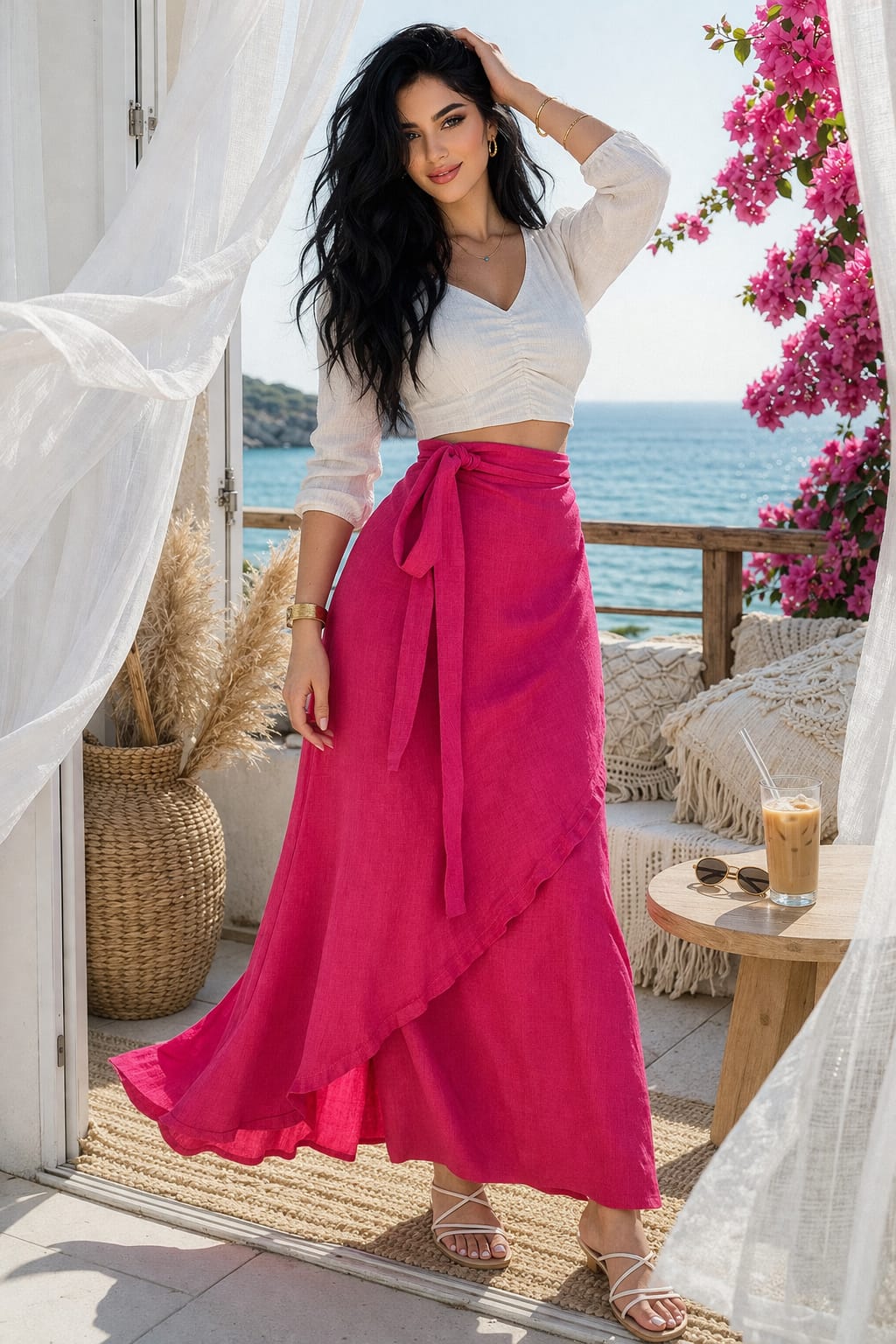 Fuchsia Linen Wrap Skirt - جيبة لف كتان فوشيا