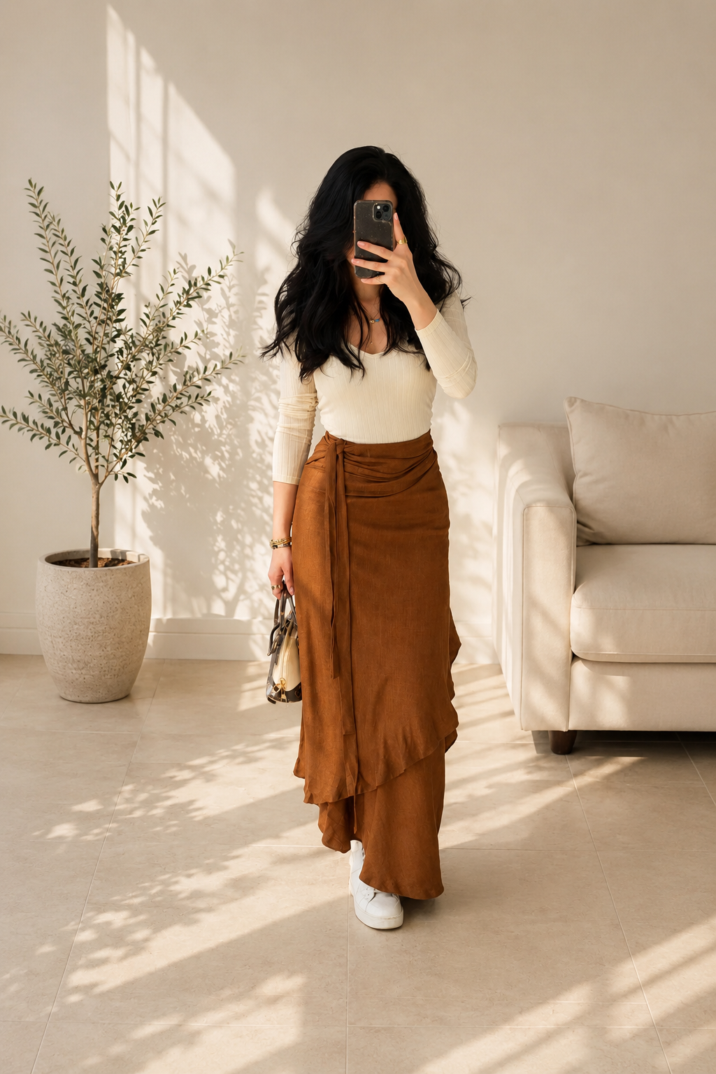 Brown Linen Wrap Skirt - جيبة لف كتان بني