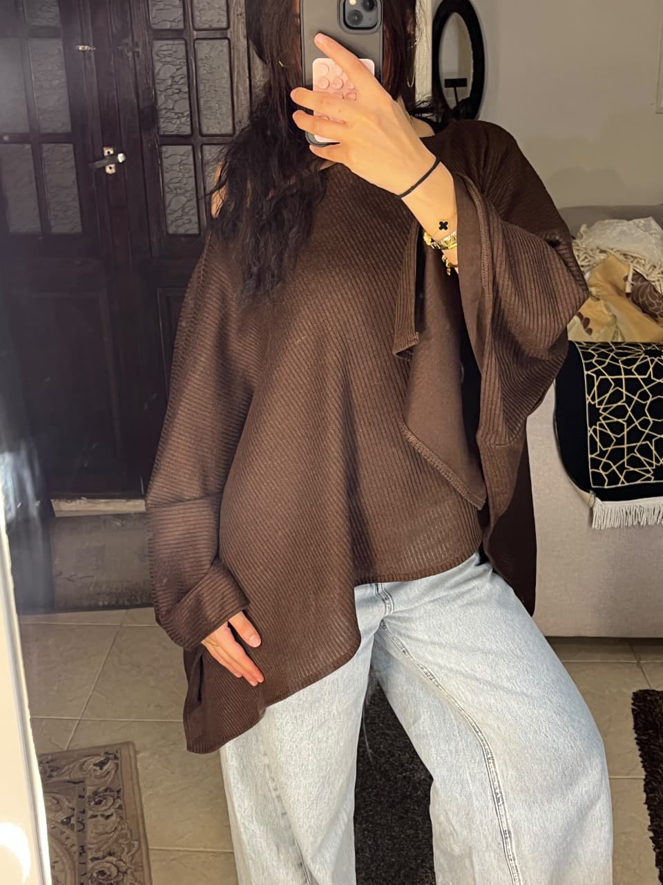 Oversized Poncho Top - Burgundy, full look