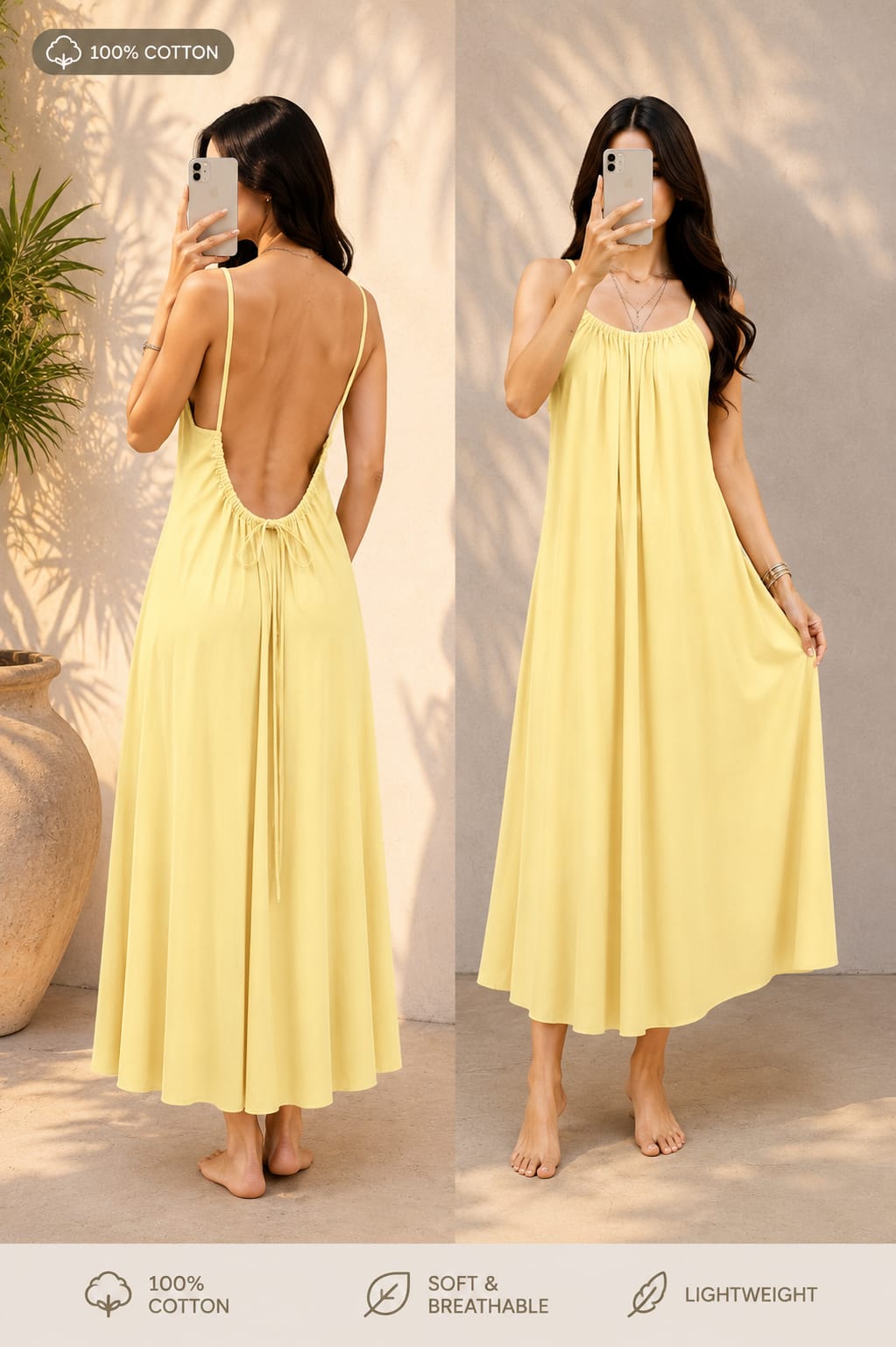 Kewii 100% Cotton Long Backless Dress (Yellow) 125cm
