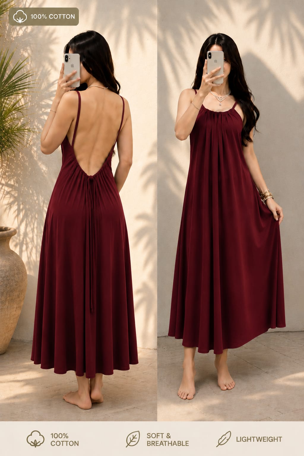 Kewii 100% Cotton Long Backless Dress (Burgundy) 125cm