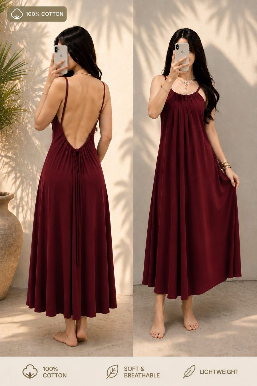 Kewii 100% Cotton Long Backless Dress (Burgundy) 125cm