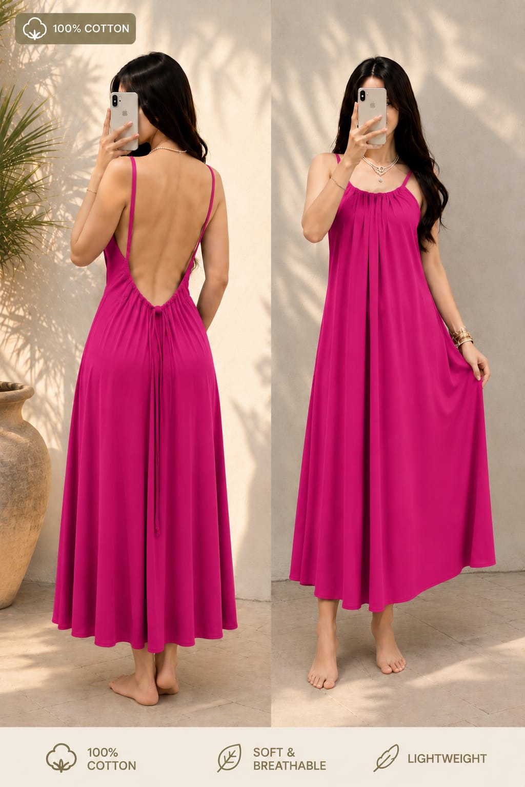 Kewii 100% Cotton Long Backless Dress (Fuchsia) 125cm