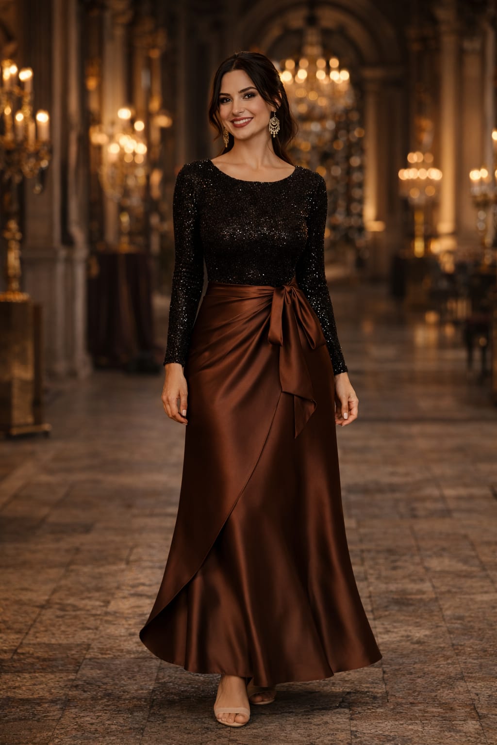 Brown Satin Wrap Skirt - جيبة لف ساتان بني