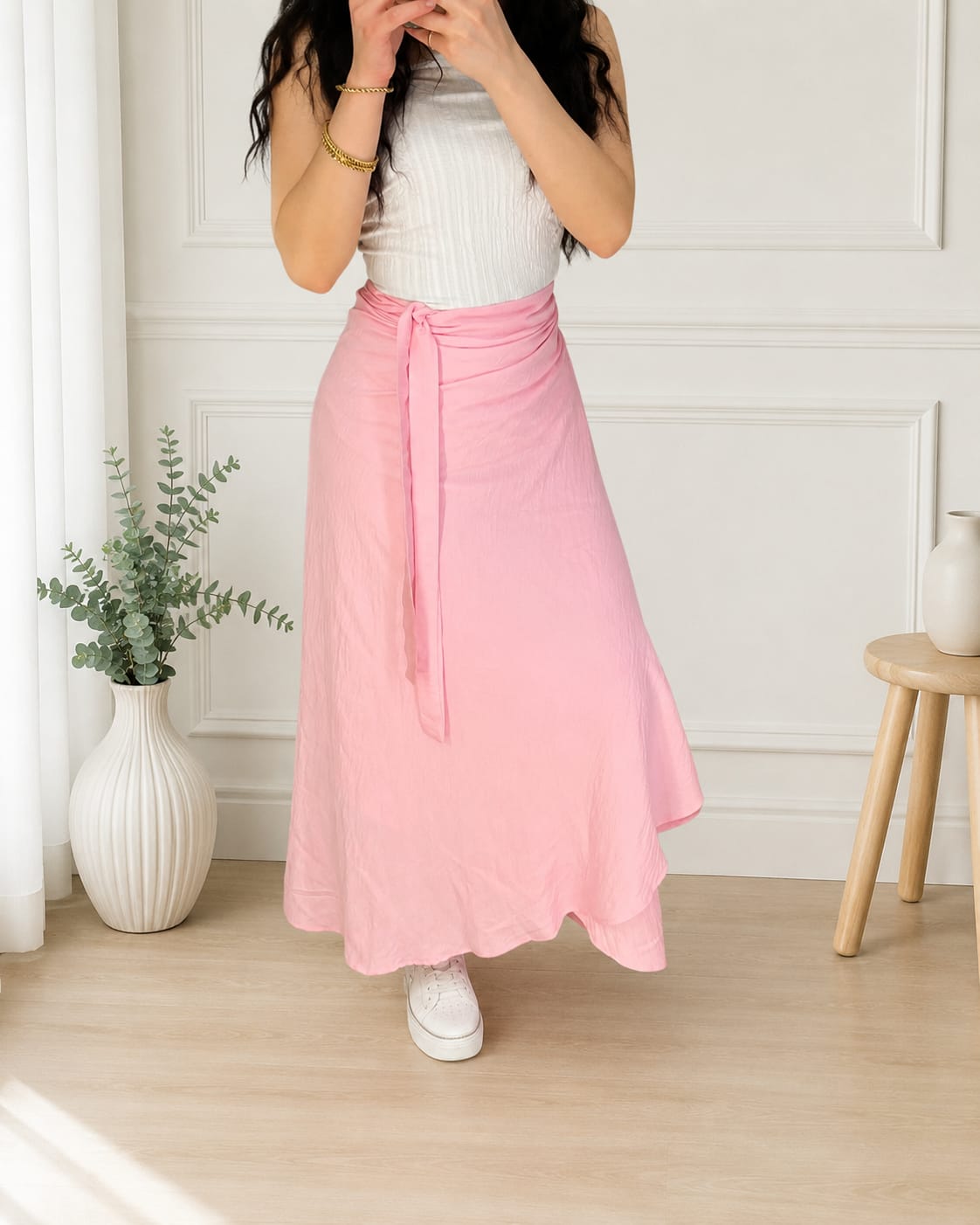 Pink Linen Wrap Skirt - جيبة لف كتان بينك