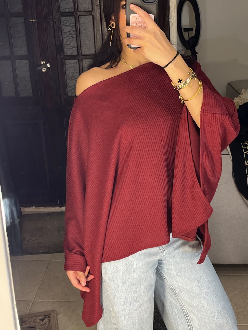 Oversized Poncho Top - Off White, mirror selfie 2
