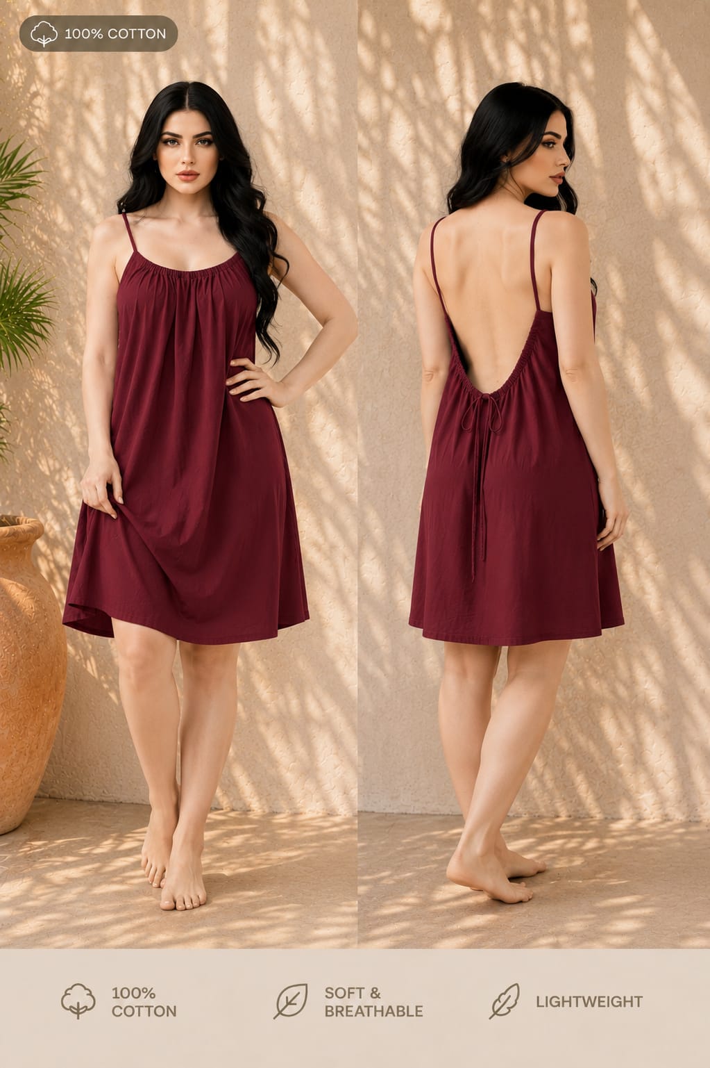 Kewii 100% Cotton Short Backless Dress (Burgundy) 85cm