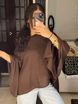 Oversized Poncho Top - Brown, fabric close-up