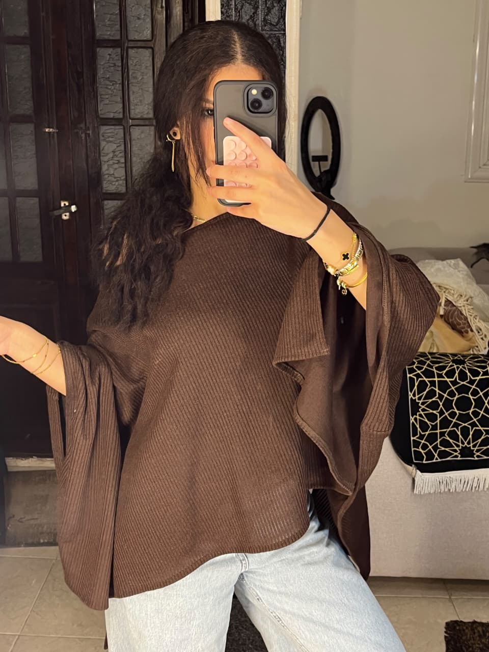 Oversized Poncho Top - Brown, fabric close-up