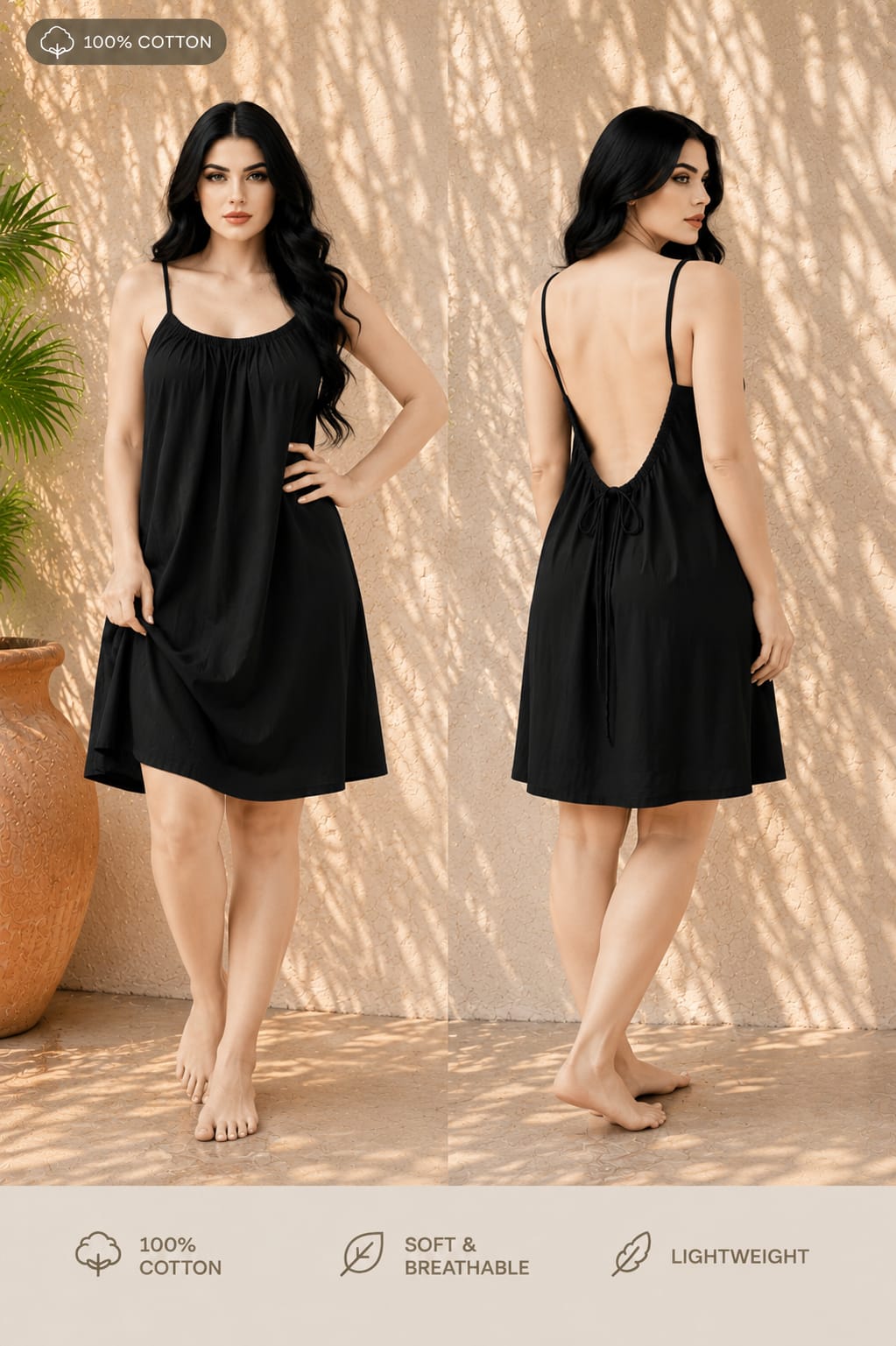 Kewii 100% Cotton Short Backless Dress (Black) 85cm