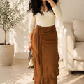 Brown Linen Wrap Skirt - جيبة لف كتان بني