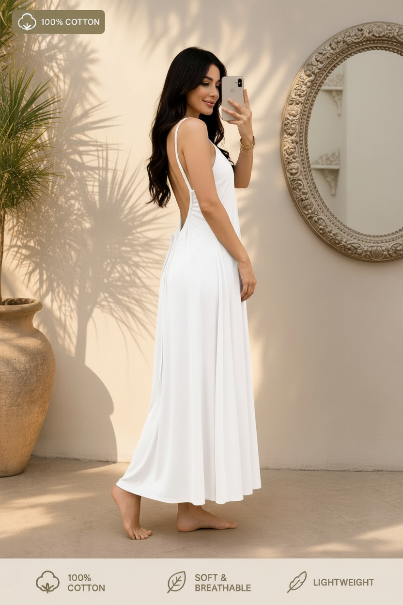 White cotton flowy maxi dress - side angle