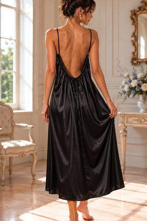 Kewii Turkish satin maxi backless dress in black, 125 cm - back view