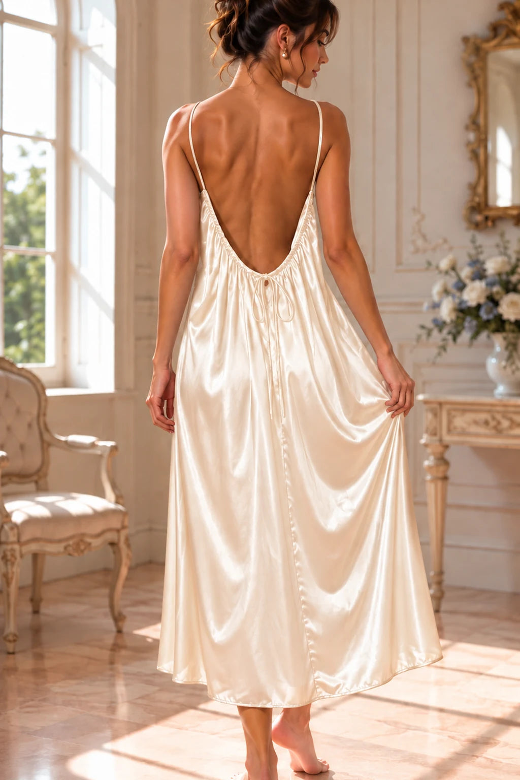 Kewii Turkish satin maxi backless dress in off-white, 125 cm - back view
