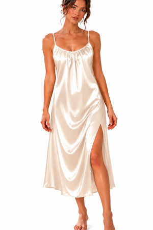 Kewii Turkish satin maxi backless dress in off-white, 125 cm - front view